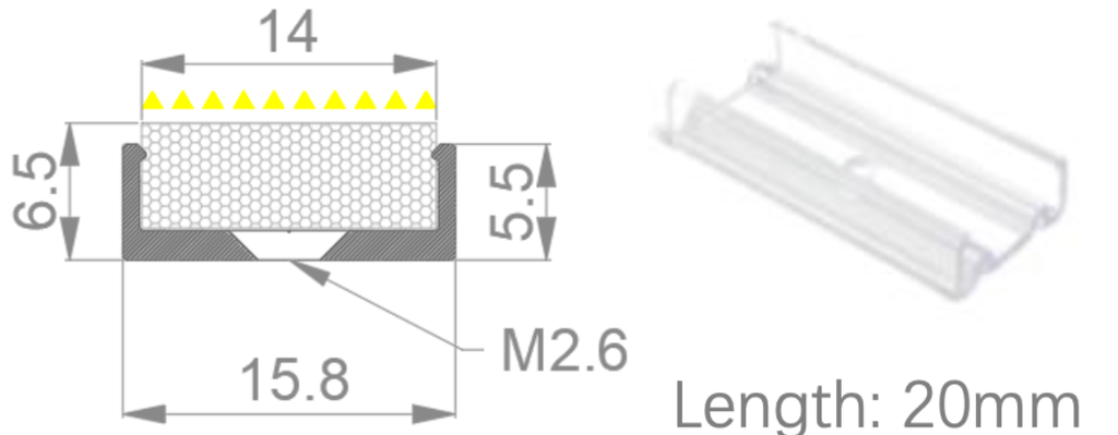 [NP12/7HCABAB0BP]IP67, Fixed single clip, Linear, PC Profile, Transparent finish, 20mm, for NS Vertical flat bending 14x05