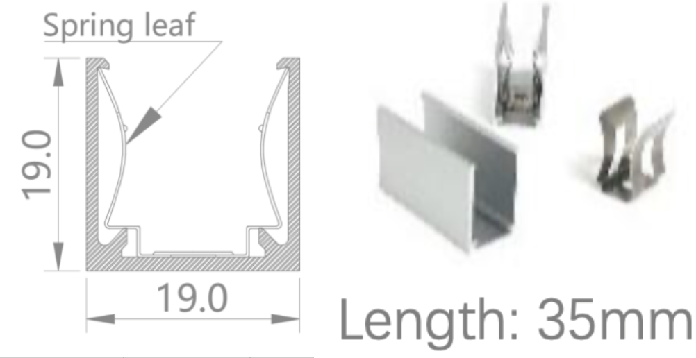 [NP19/19HCAAOABQ]IP67, Fixed single clip, Linear, Aluminium Profile, Aluminium finish, With spring leaf, 35mm, for NS Vertical flat bending 15x15